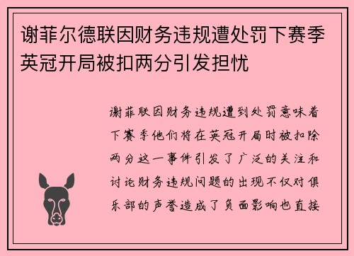 谢菲尔德联因财务违规遭处罚下赛季英冠开局被扣两分引发担忧